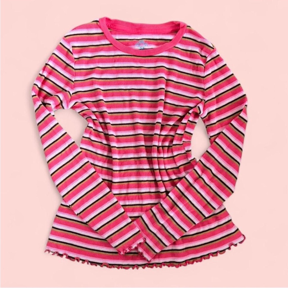 Pink Striped Ribbed Crewneck Lettuce Hem Long Sleeve Tee XS / S Thereabouts